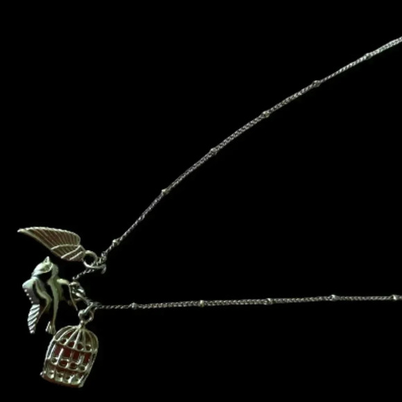 Silvertoned Necklace with multicharm(cage, bird and wing charms) pendant - Picture 4 of 9